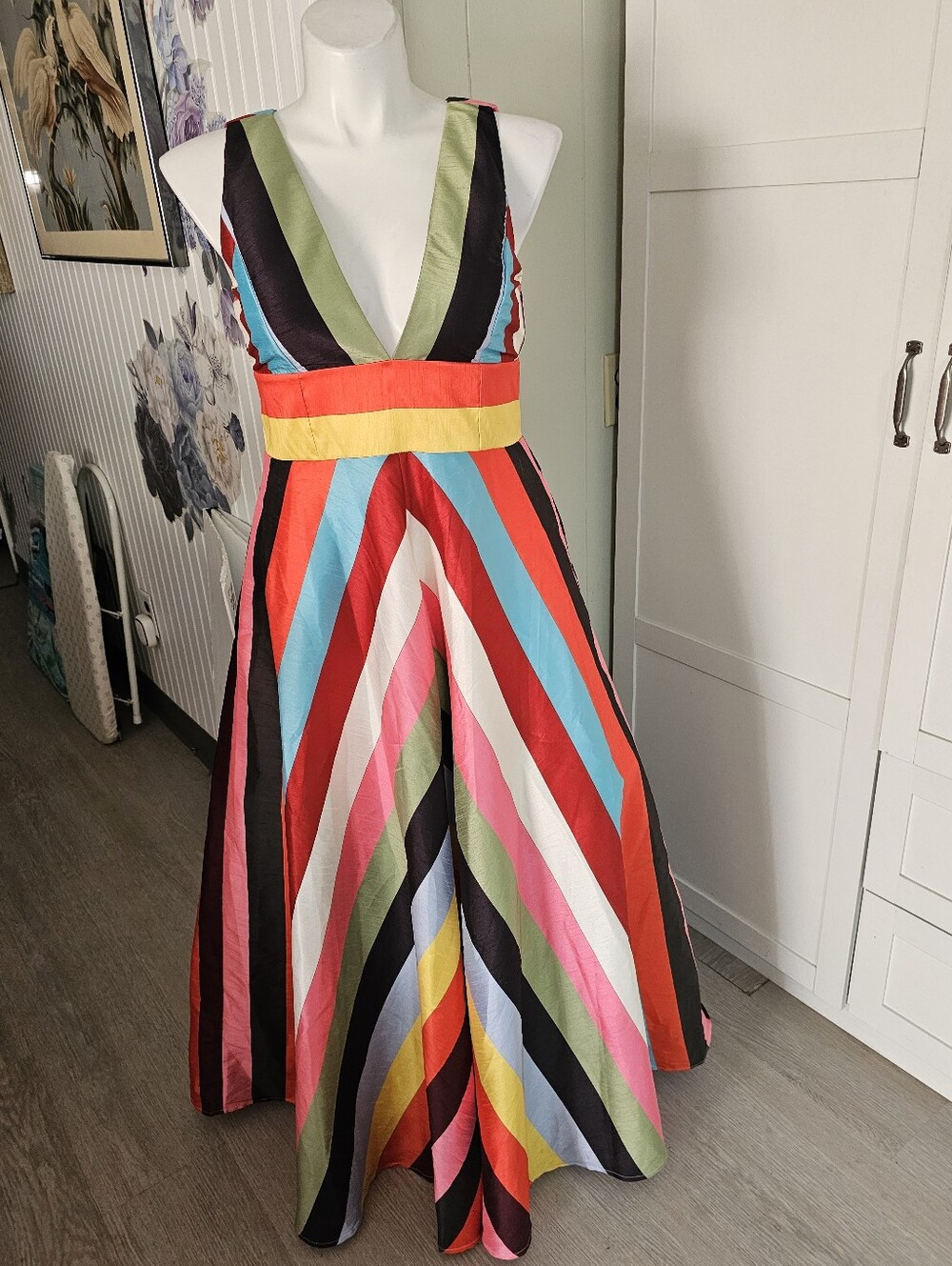 eShakti Chevron Stripe Rainbow Maxi Dress Pockets Womens Lg=10 12 Pristin Pocket - Picture 2 of 13